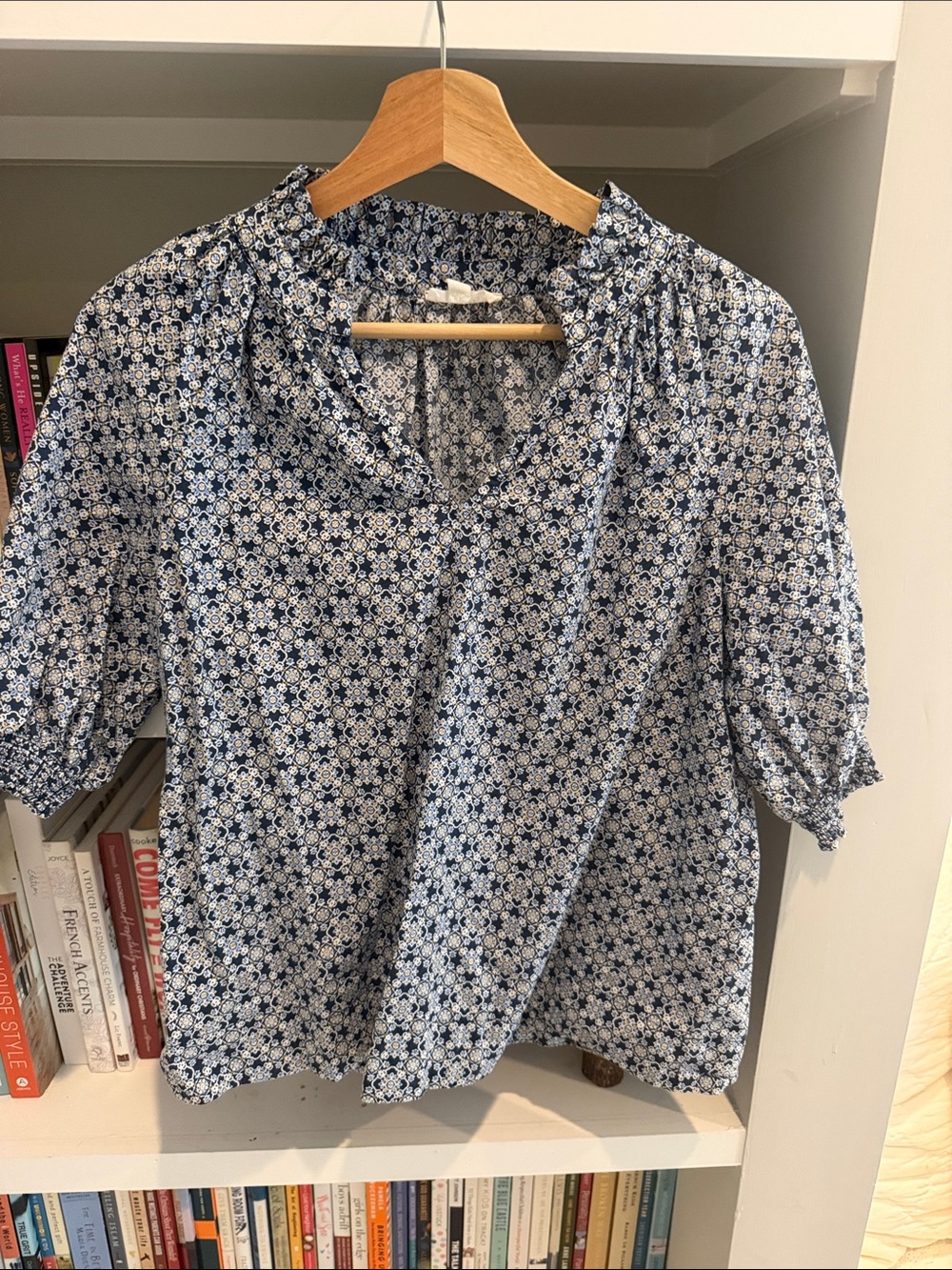 Navy Floral Short-Sleeve Ruffled Neck Blouse